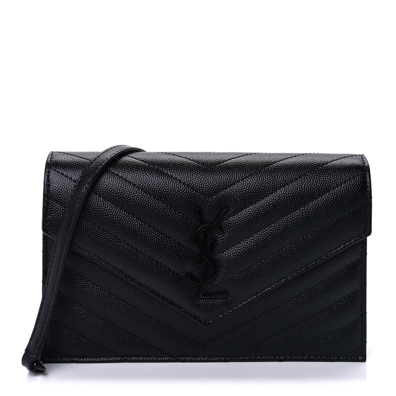  Saint Laurent Grain De Poudre Matelasse Chevron Monogram Monochrome Envelope Chain Wallet Black