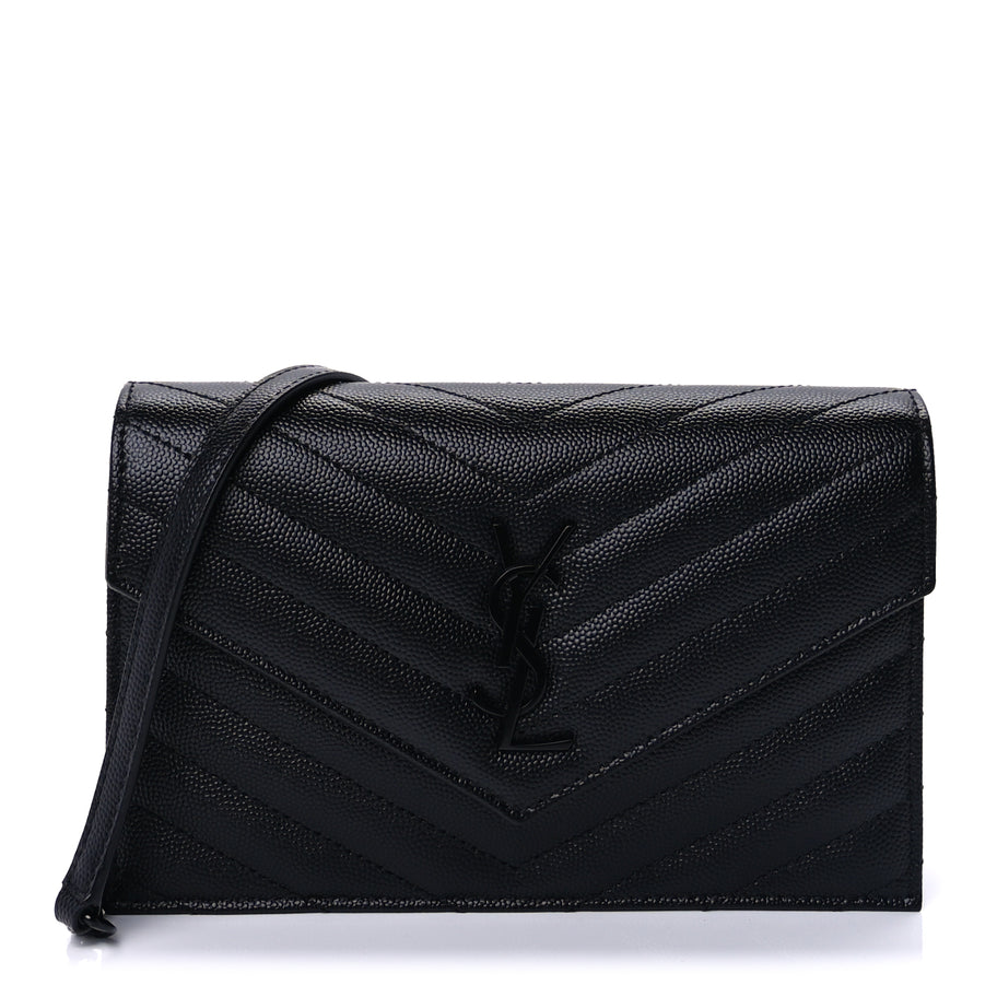 Saint Laurent Grain De Poudre Matelasse Chevron Monogram Monochrome Envelope Chain Wallet Black Image 1