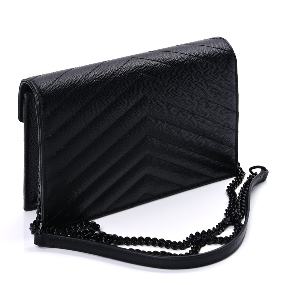Saint Laurent Grain De Poudre Matelasse Chevron Monogram Monochrome Envelope Chain Wallet Black Image 2