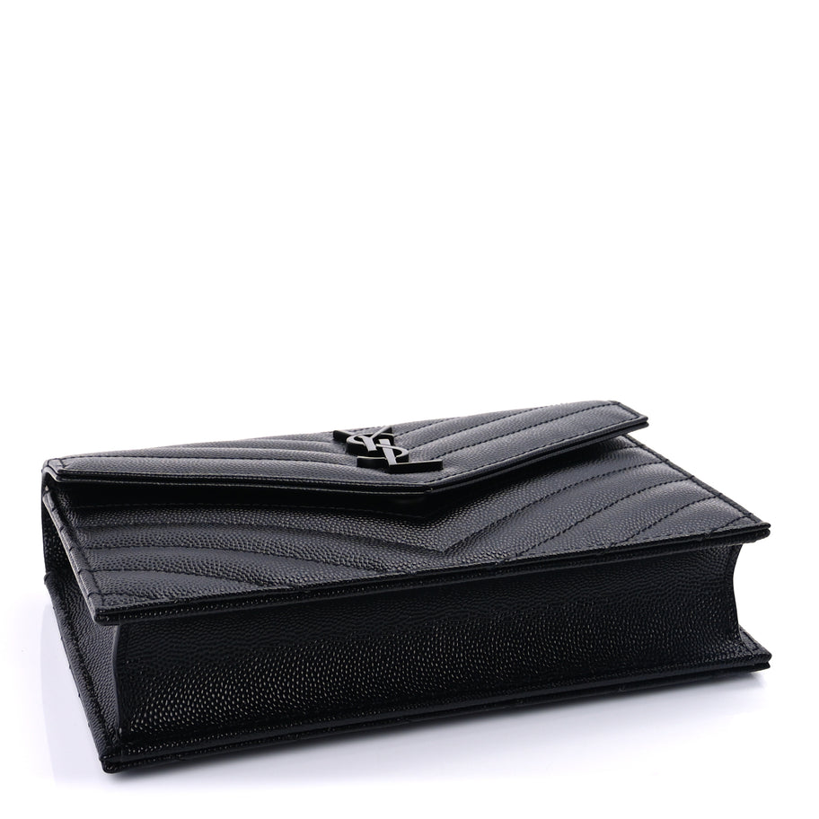 Saint Laurent Grain De Poudre Matelasse Chevron Monogram Monochrome Envelope Chain Wallet Black Image 3