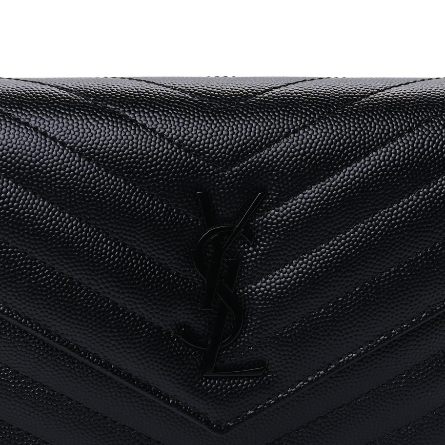 Saint Laurent Grain De Poudre Matelasse Chevron Monogram Monochrome Envelope Chain Wallet Black Image 6
