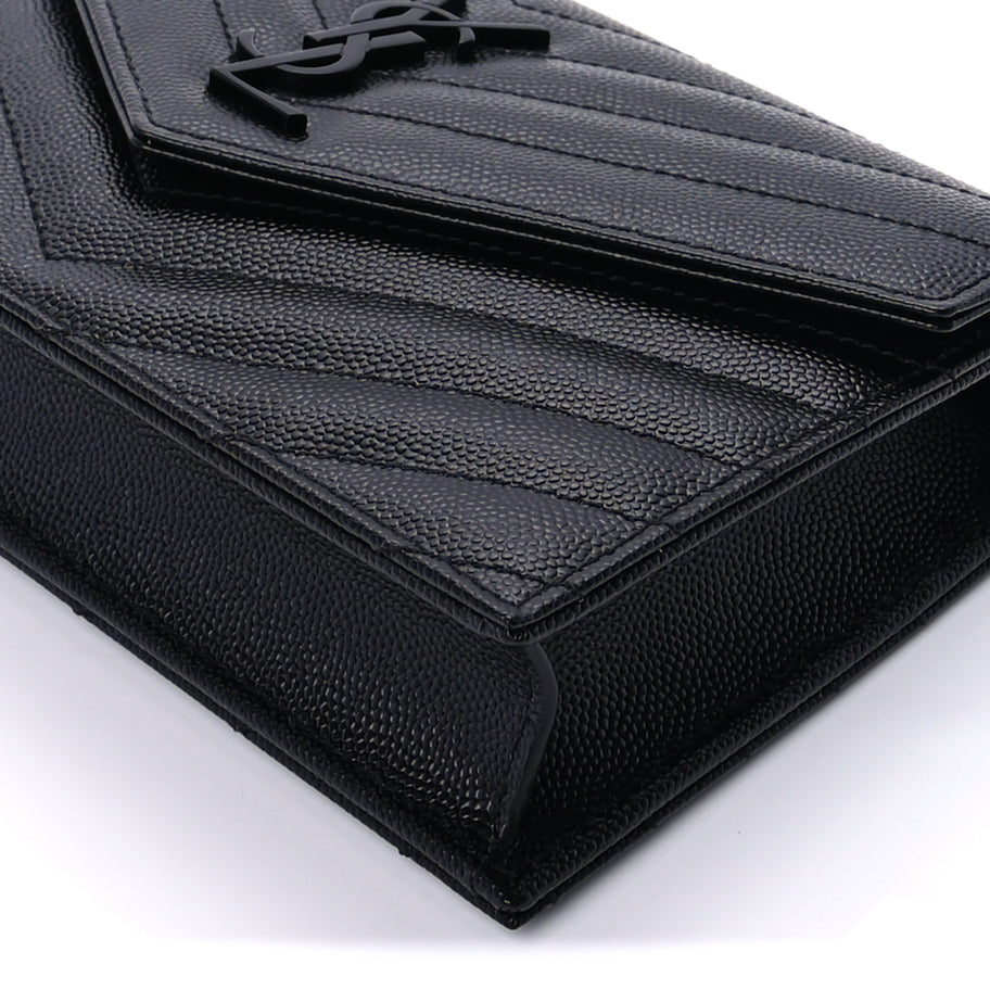 Saint Laurent Grain De Poudre Matelasse Chevron Monogram Monochrome Envelope Chain Wallet Black Image 7