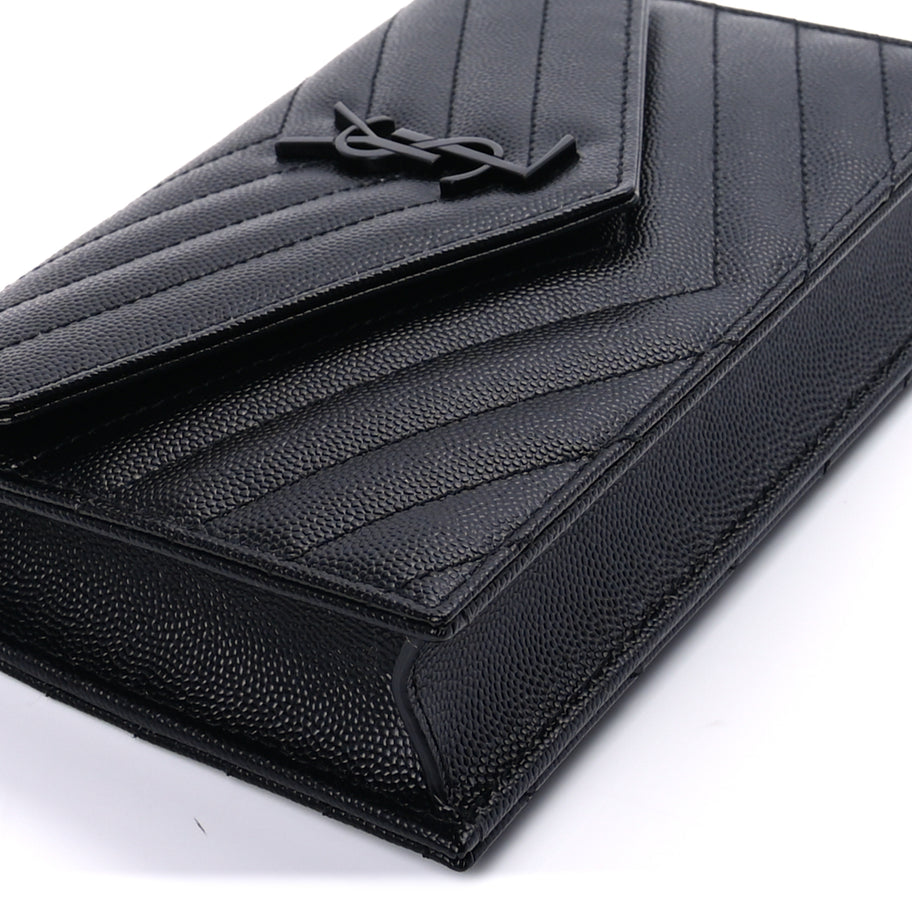 Saint Laurent Grain De Poudre Matelasse Chevron Monogram Monochrome Envelope Chain Wallet Black Image 8