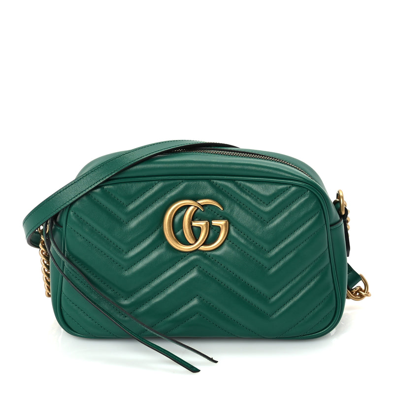  Gucci Calfskin Matelasse Small GG Marmont Chain Shoulder Bag  Emerald Green