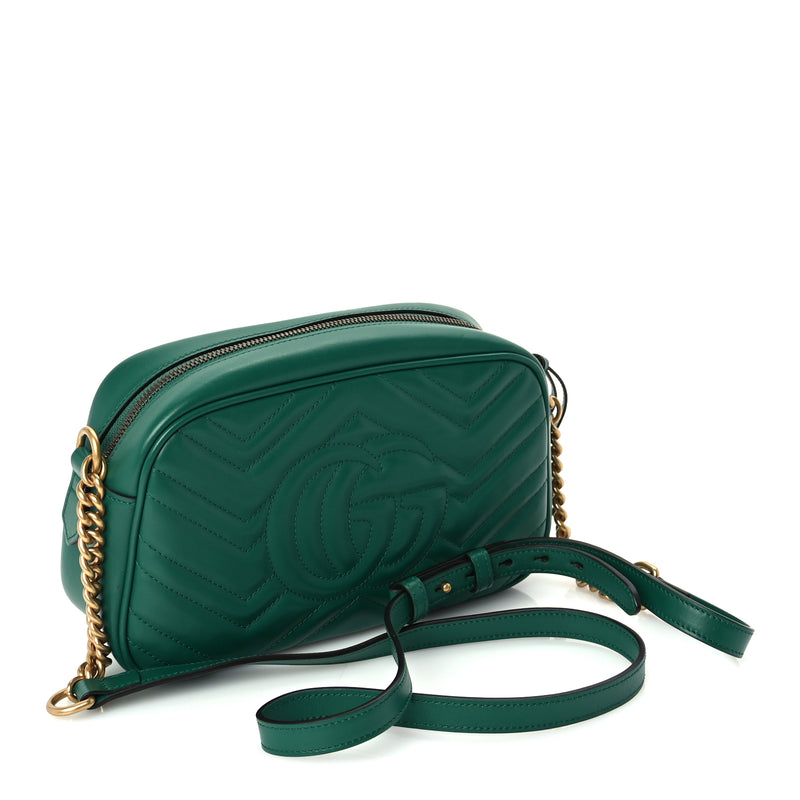  Gucci Calfskin Matelasse Small GG Marmont Chain Shoulder Bag  Emerald Green
