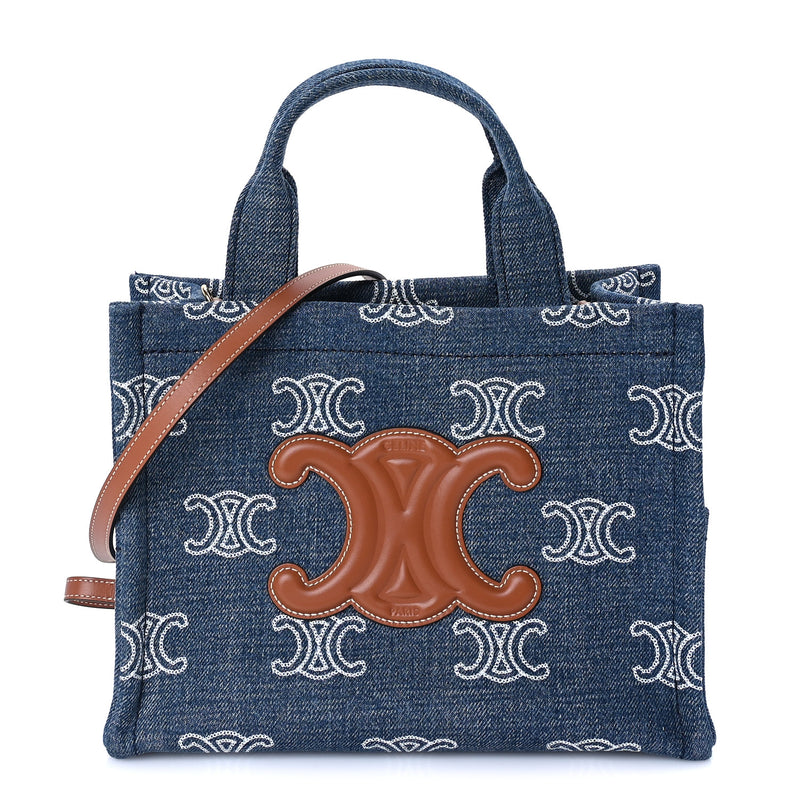  Celine Denim Calfskin Triomphe Print Cabas Blue Tan