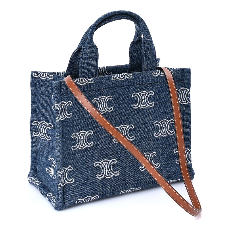  Celine Denim Calfskin Triomphe Print Cabas Blue Tan