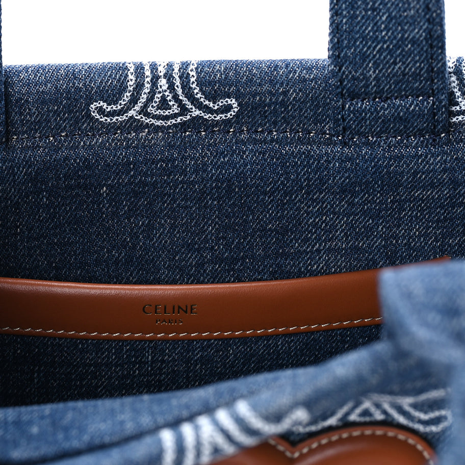 Celine Denim Calfskin Triomphe Print Cabas Blue Tan Image 5