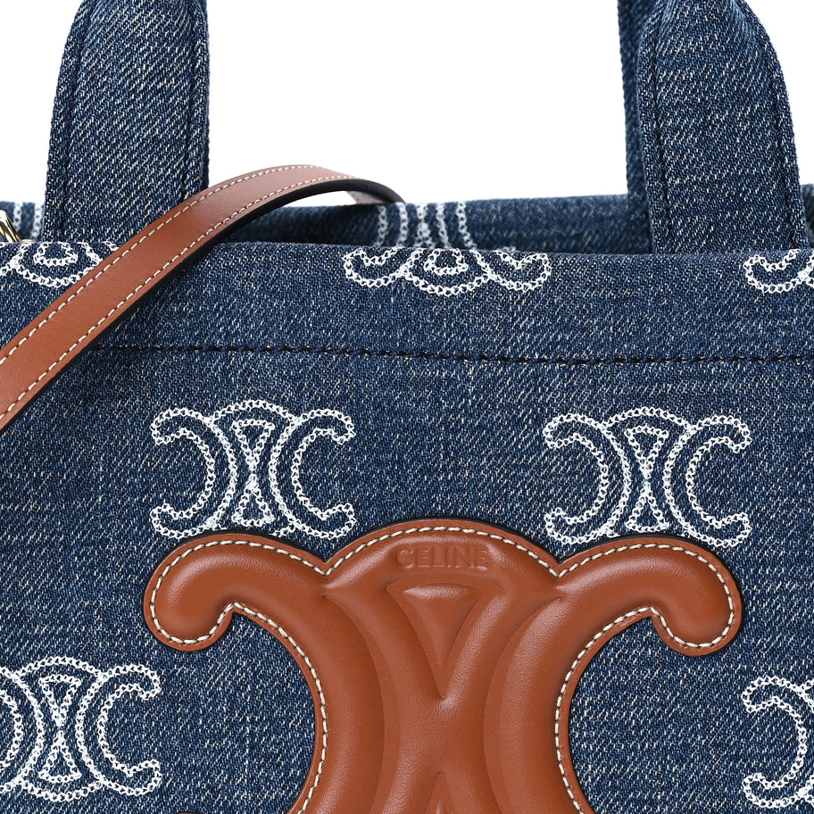 Celine Denim Calfskin Triomphe Print Cabas Blue Tan Image 6