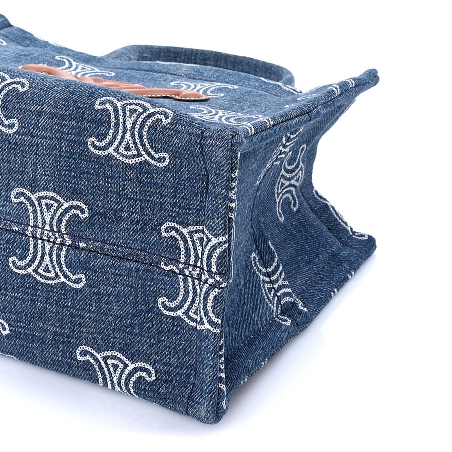 Celine Denim Calfskin Triomphe Print Cabas Blue Tan Image 8