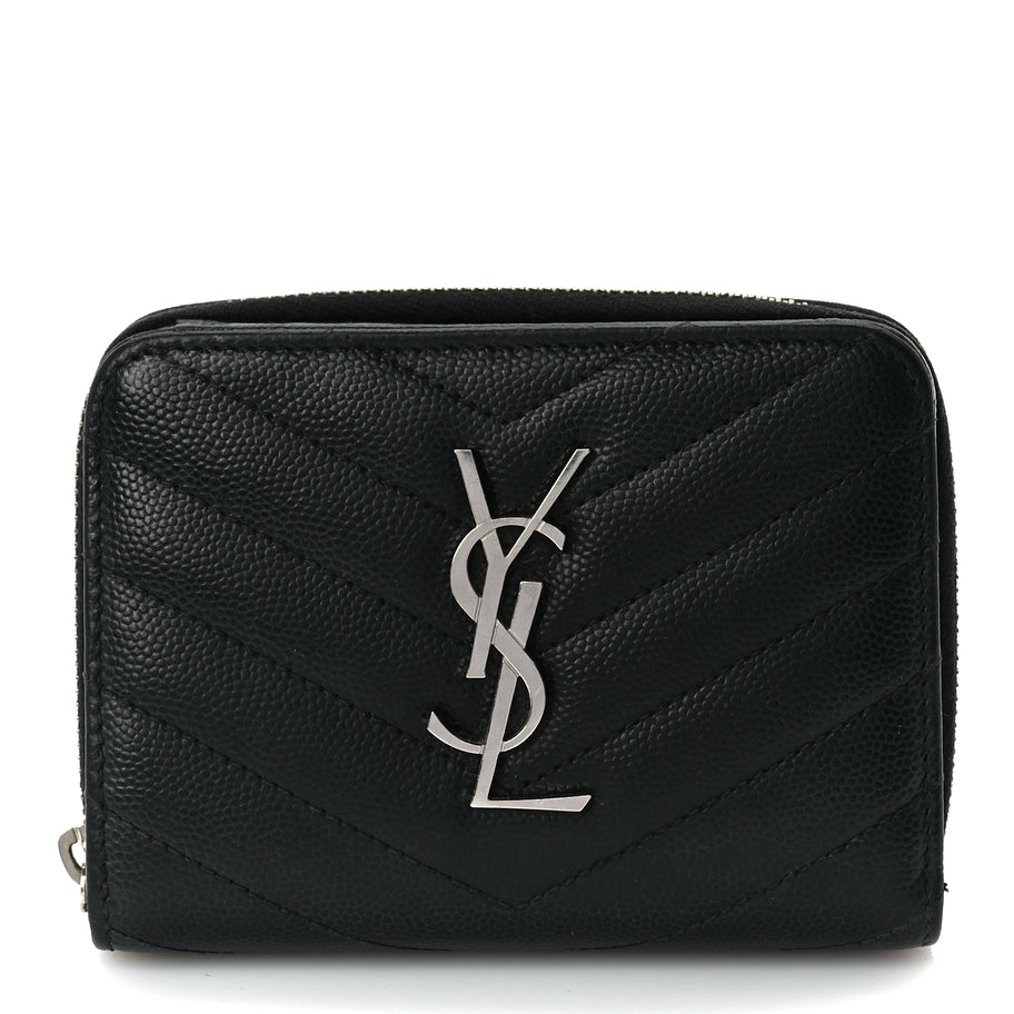 Saint Laurent Grain De Poudre Matelasse Chevron Monogram Compact Zip Around Wallet  Black Image 1