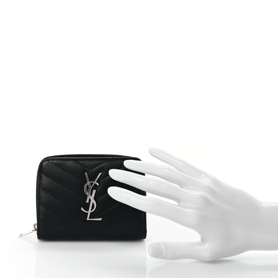 Saint Laurent Grain De Poudre Matelasse Chevron Monogram Compact Zip Around Wallet  Black Image 2