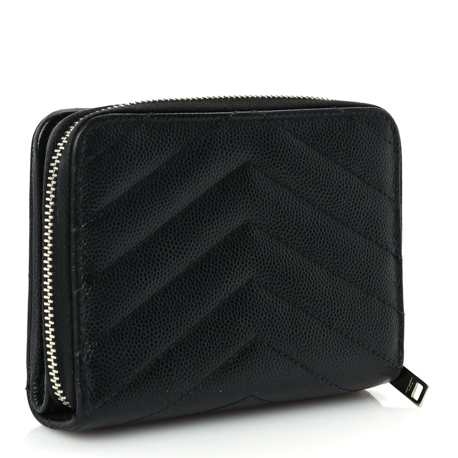 Saint Laurent Grain De Poudre Matelasse Chevron Monogram Compact Zip Around Wallet  Black Image 3