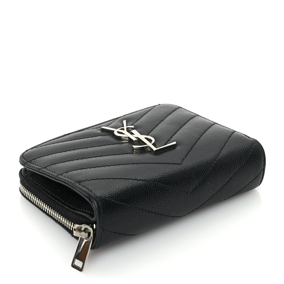 Saint Laurent Grain De Poudre Matelasse Chevron Monogram Compact Zip Around Wallet  Black Image 4