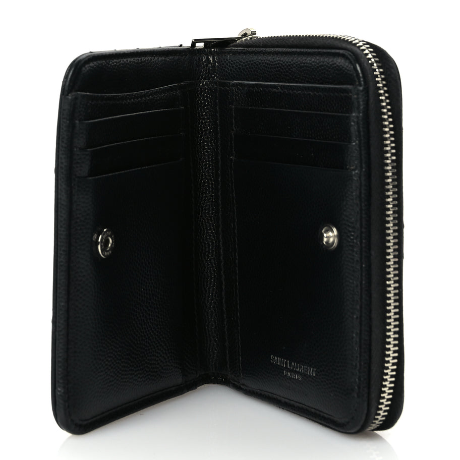 Saint Laurent Grain De Poudre Matelasse Chevron Monogram Compact Zip Around Wallet  Black Image 5