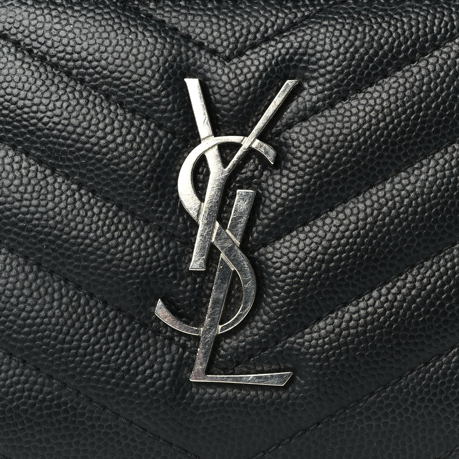 Saint Laurent Grain De Poudre Matelasse Chevron Monogram Compact Zip Around Wallet  Black Image 7