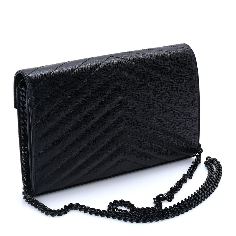  Saint Laurent Grain De Poudre Matelasse Chevron Monogram Monochrome Chain Wallet  Black