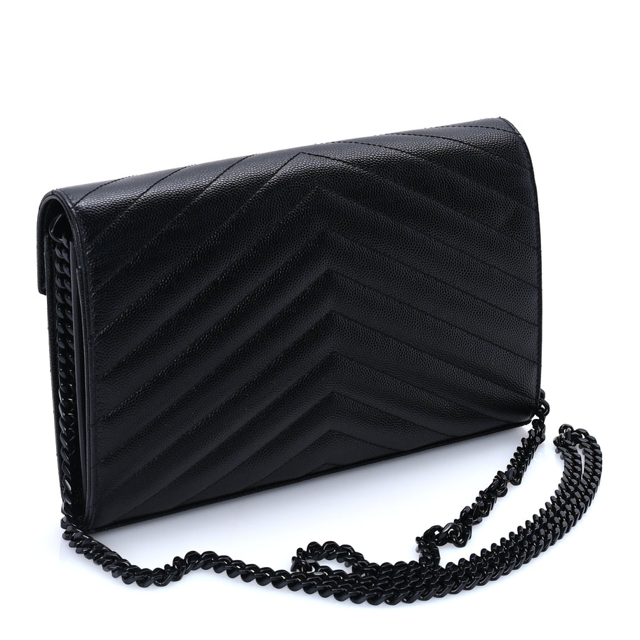 Saint Laurent Grain De Poudre Matelasse Chevron Monogram Monochrome Chain Wallet  Black Image 2
