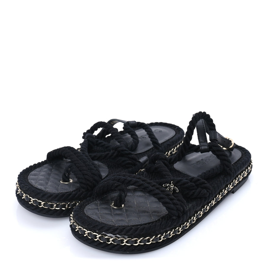 Chanel Lambskin Cord Chain CC Sandals 40 Black Image 2