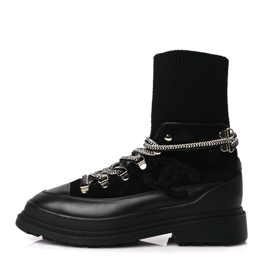 Chanel Suede Knit Womens Sock Lace Up Boots Black Image 1