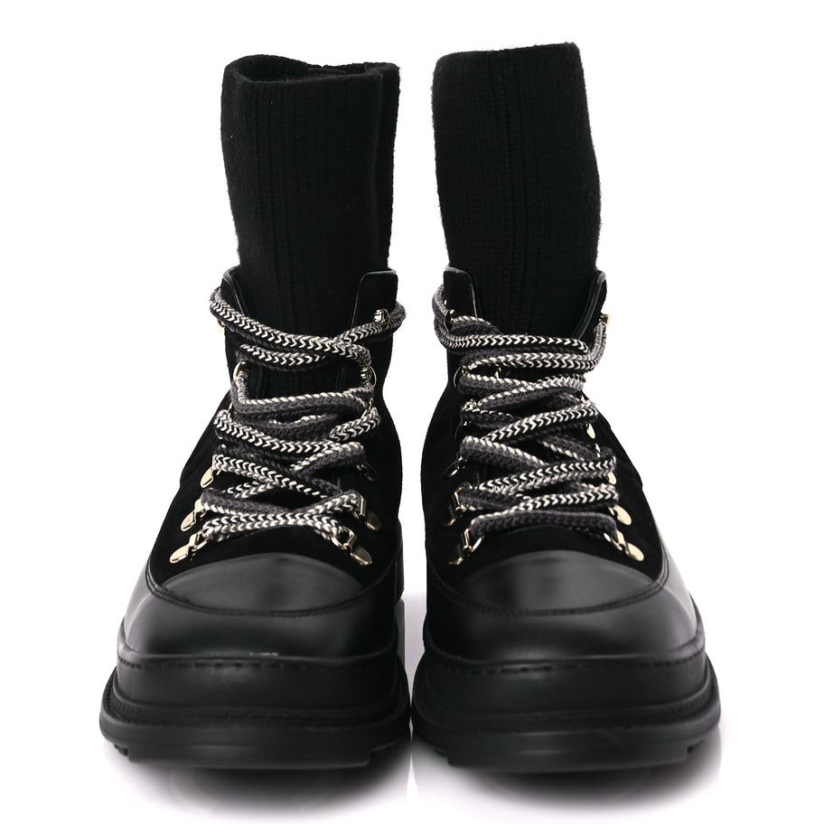 Chanel Suede Knit Womens Sock Lace Up Boots Black Image 2