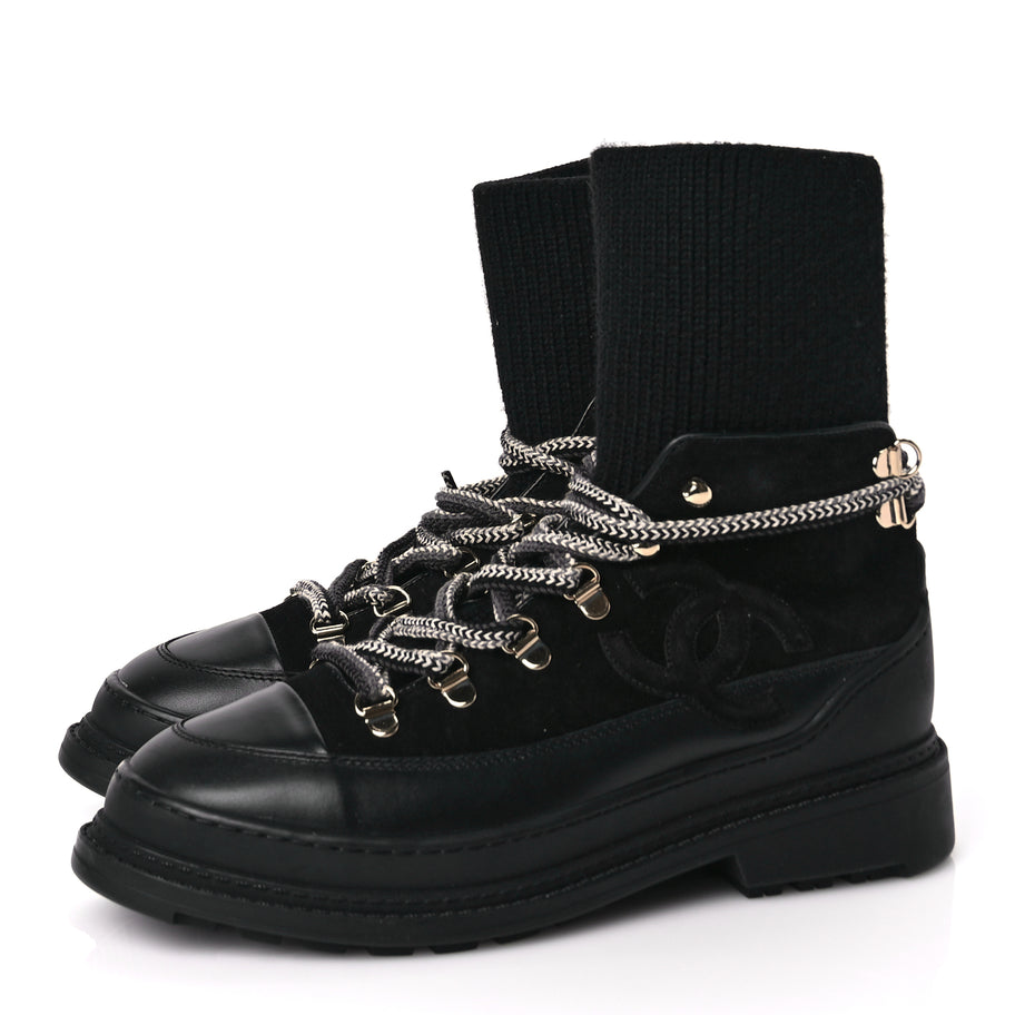 Chanel Suede Knit Womens Sock Lace Up Boots Black Image 4