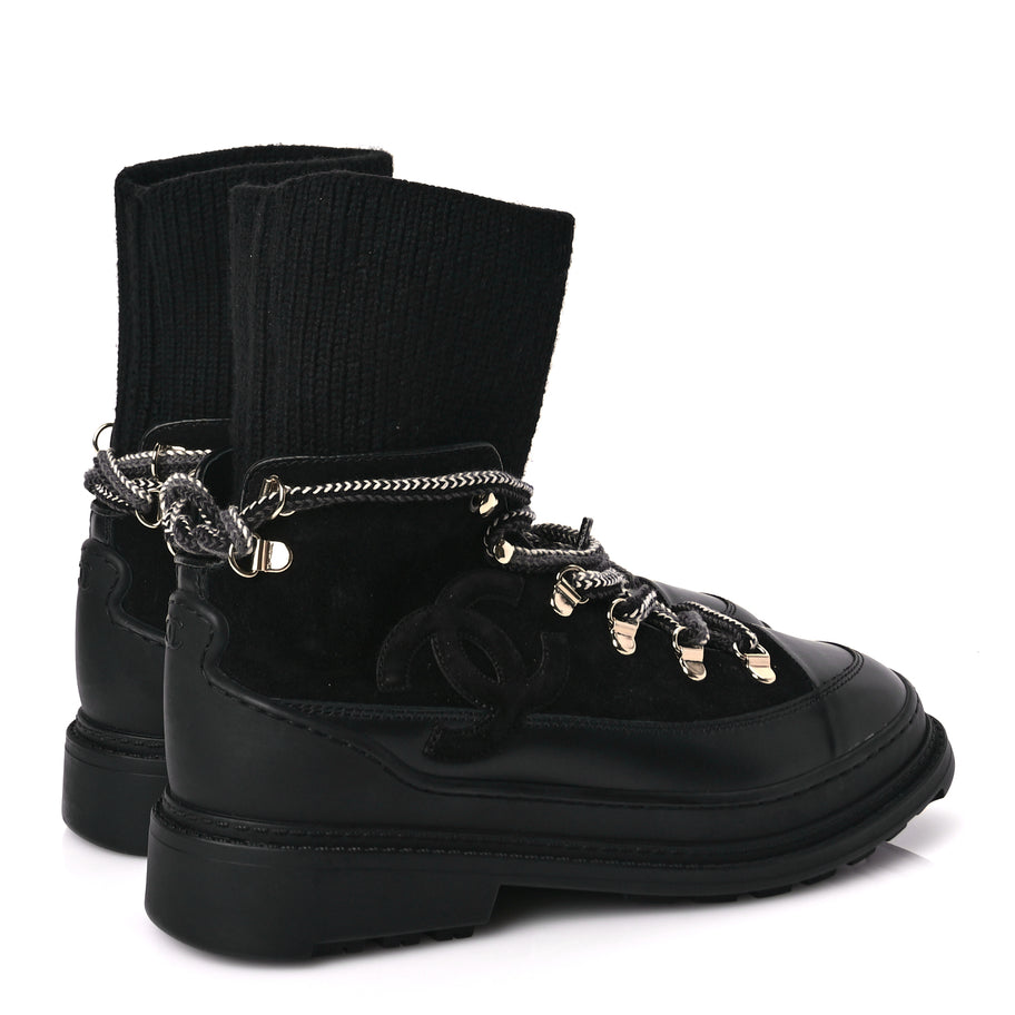 Chanel Suede Knit Womens Sock Lace Up Boots Black Image 5
