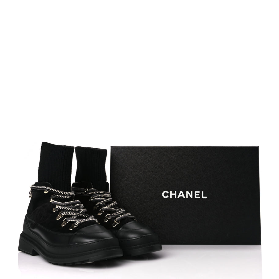 Chanel Suede Knit Womens Sock Lace Up Boots Black Image 7