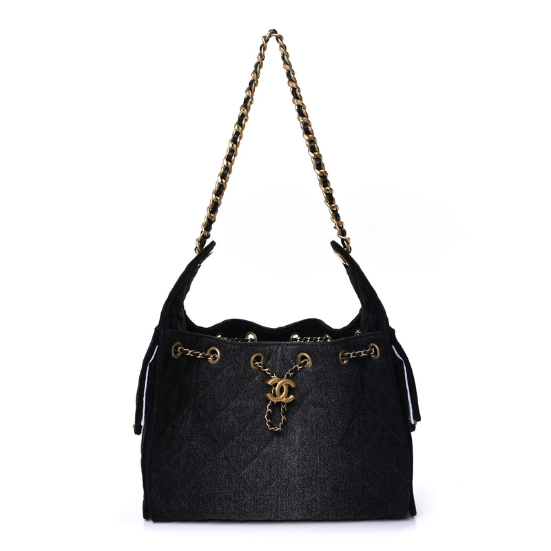  Chanel Washed Denim Quilted Small Chanel 25 Handbag  Black