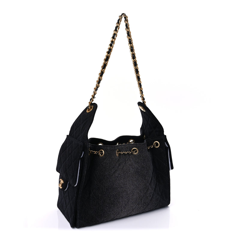  Chanel Washed Denim Quilted Small Chanel 25 Handbag  Black