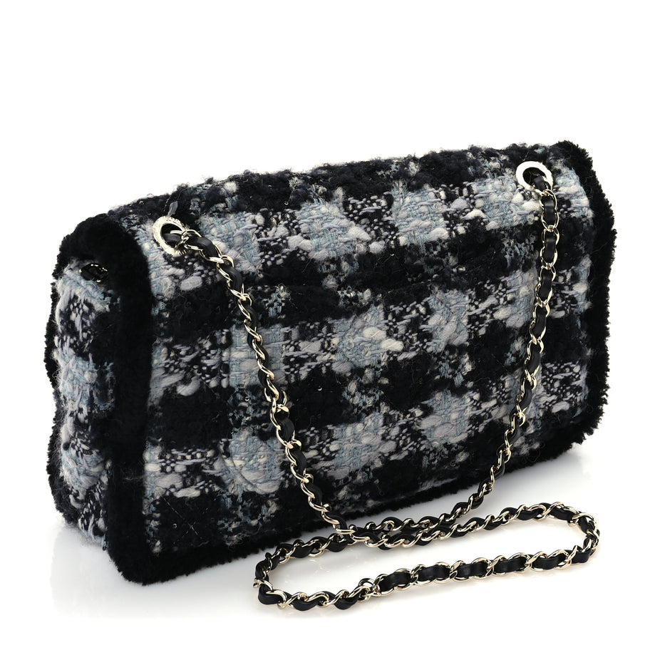 Chanel Tweed Shearling Large Flap Bag Blue Black Image 2