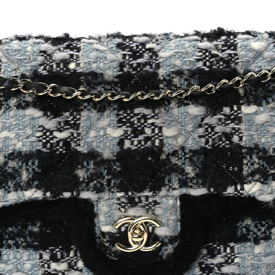 Chanel Tweed Shearling Large Flap Bag Blue Black Image 7