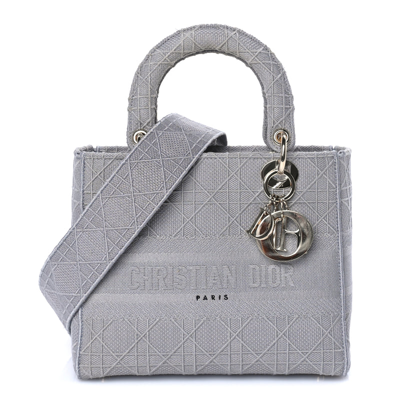  Christian Dior Canvas Embroidered Cannage Medium Lady D-Lite Gray Grey