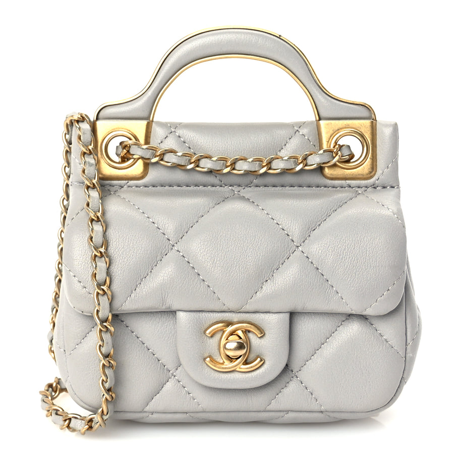 Chanel Calfskin Quilted Lady Handle Flap Card Holder With Chain  Grey Image 1