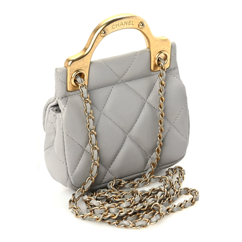  Chanel Calfskin Quilted Lady Handle Flap Card Holder With Chain  Grey