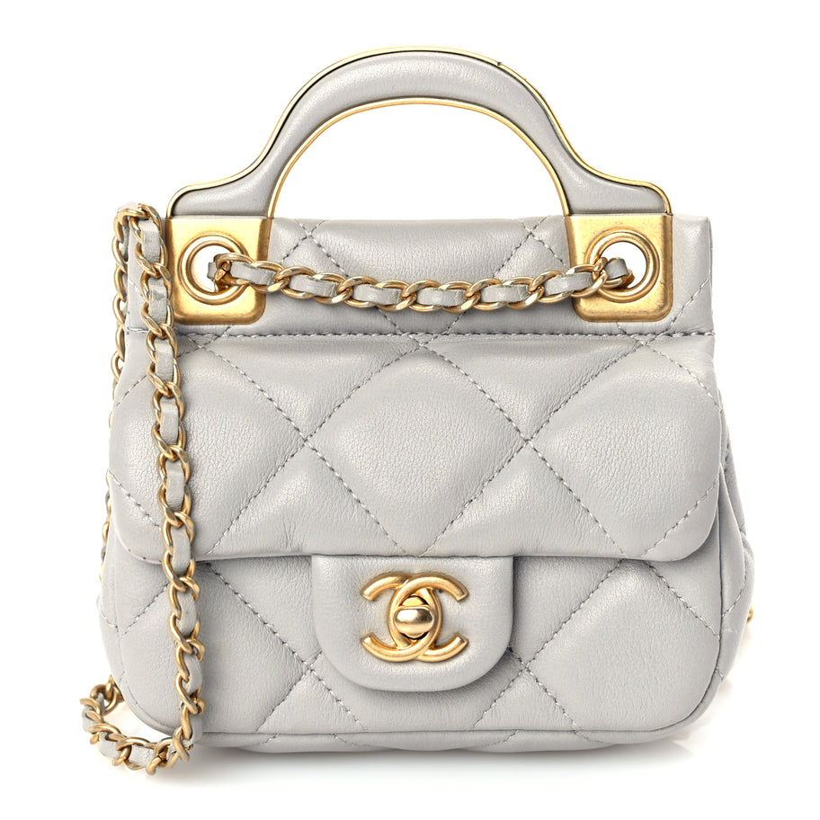 Chanel Calfskin Quilted Lady Handle Flap Card Holder With Chain  Grey Image 7