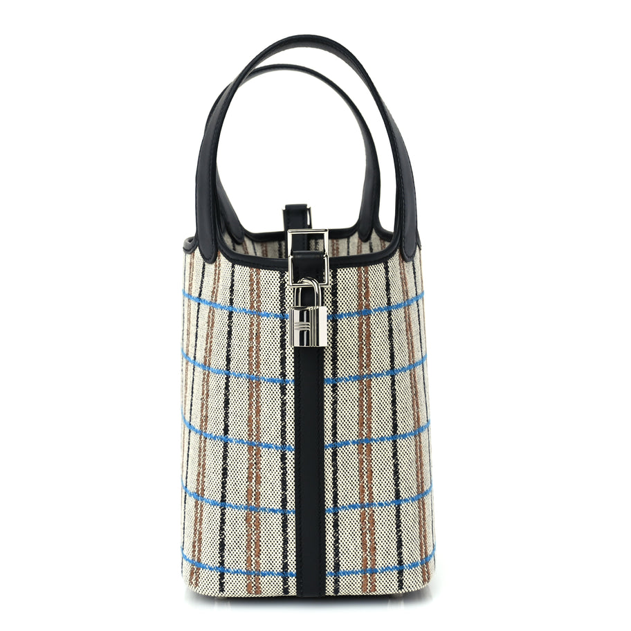 Hermes Swift Toile Borderie H Picotin Lock 18  Noir Ecru Fauve Bleu Zanzibar Image 1