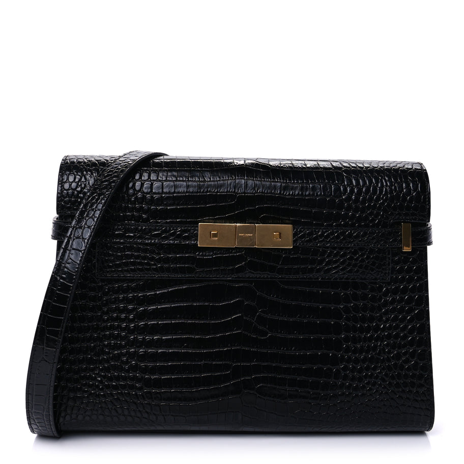 Saint Laurent Shiny Calfskin Crocodile Embossed Manhattan Baguette Black Black Image 1