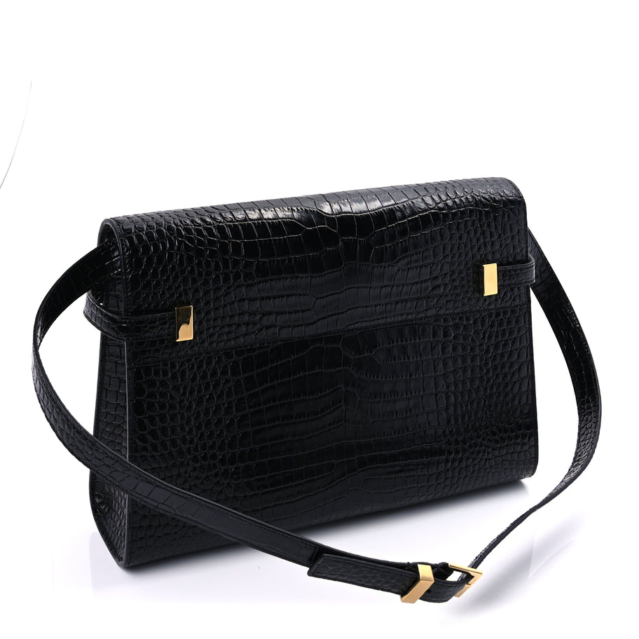 Saint Laurent Shiny Calfskin Crocodile Embossed Manhattan Baguette Black Black Image 2