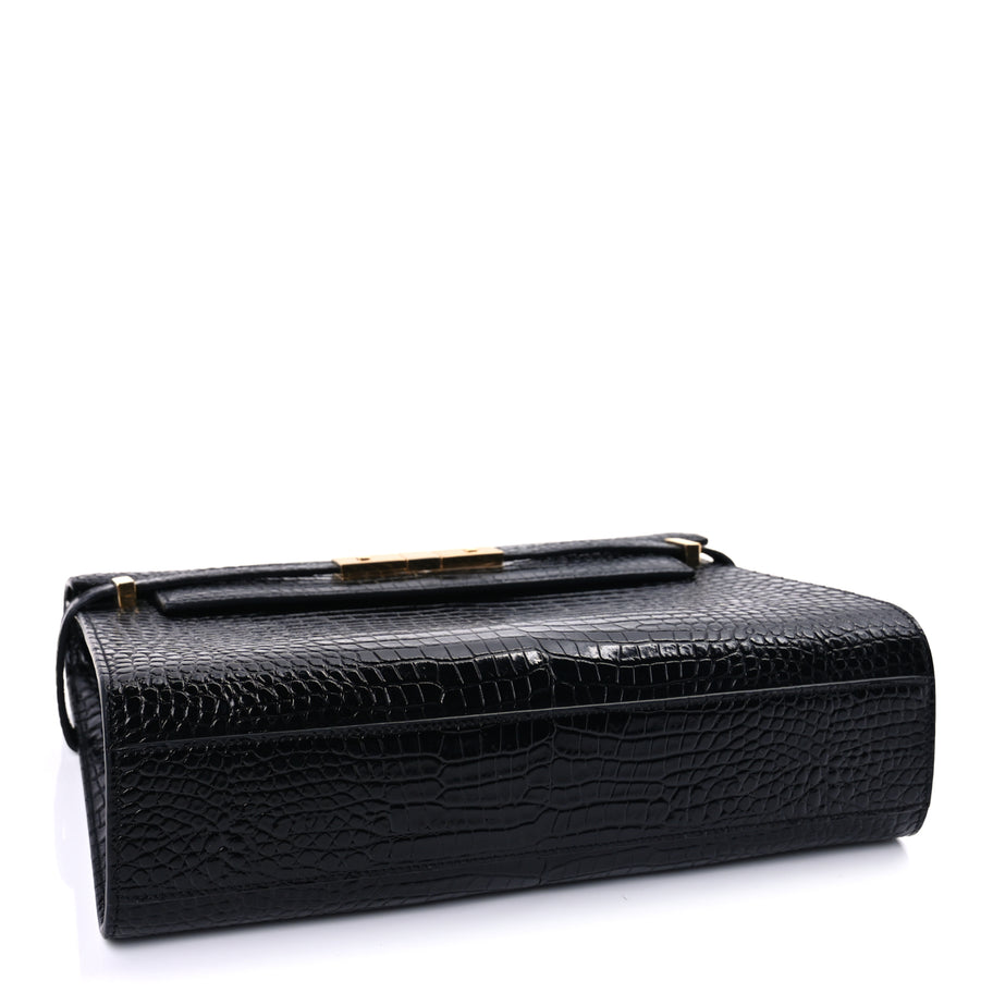 Saint Laurent Shiny Calfskin Crocodile Embossed Manhattan Baguette Black Black Image 3