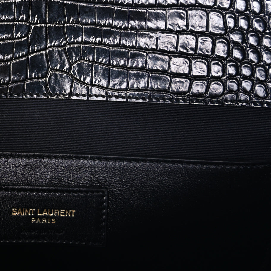 Saint Laurent Shiny Calfskin Crocodile Embossed Manhattan Baguette Black Black Image 5
