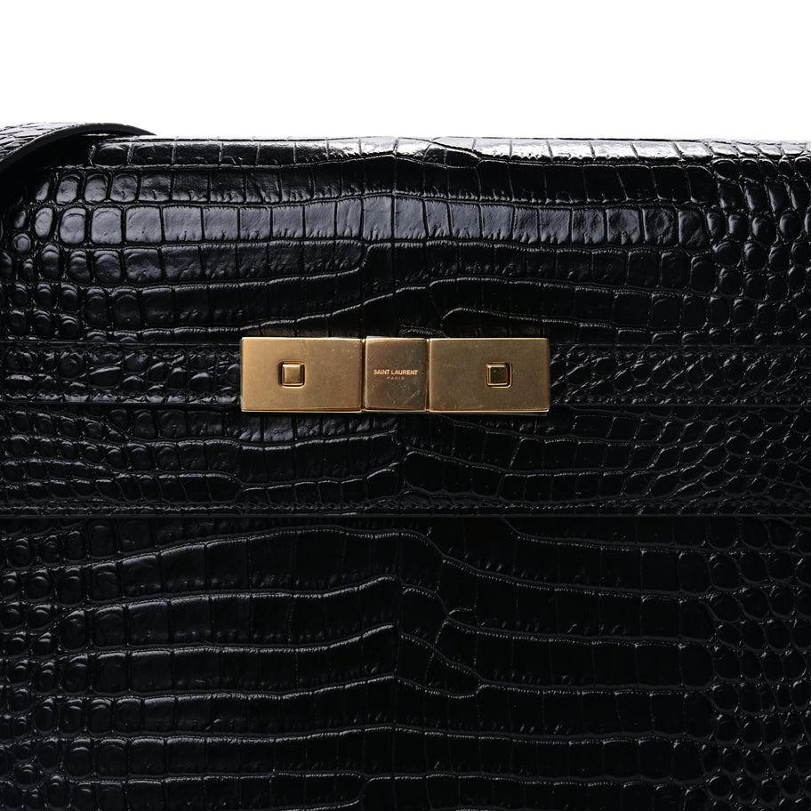 Saint Laurent Shiny Calfskin Crocodile Embossed Manhattan Baguette Black Black Image 6
