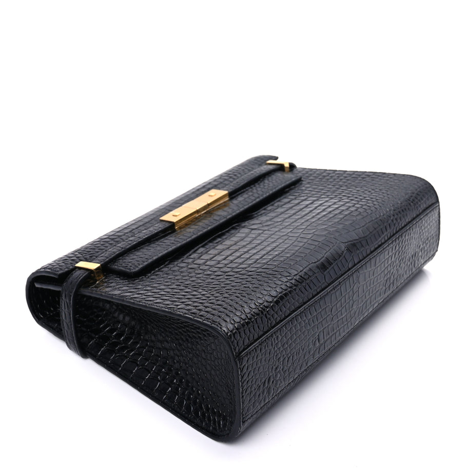 Saint Laurent Shiny Calfskin Crocodile Embossed Manhattan Baguette Black Black Image 7