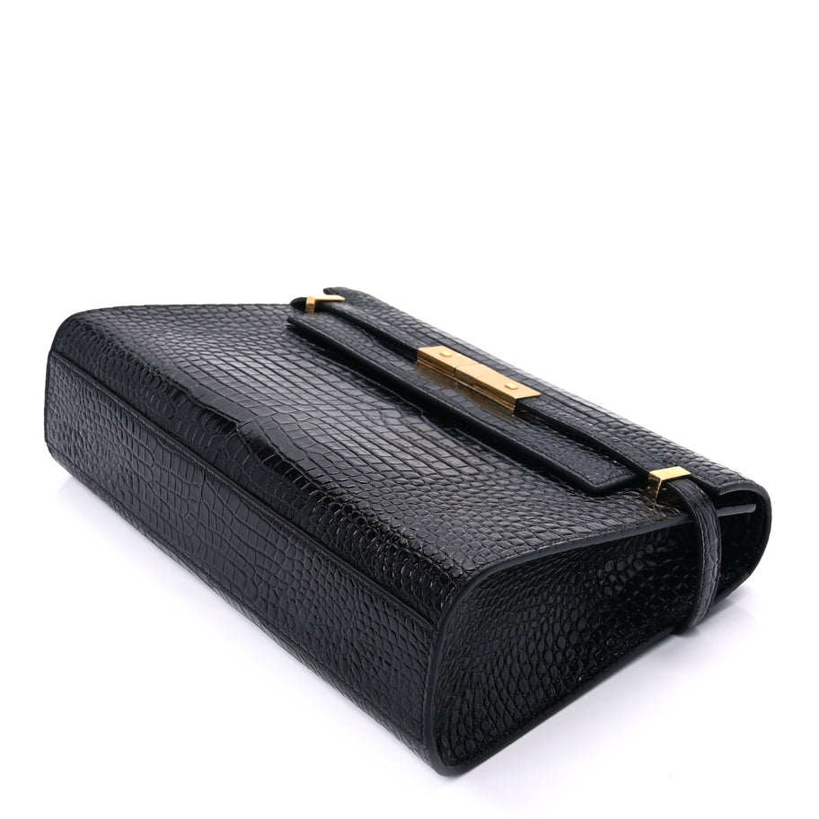Saint Laurent Shiny Calfskin Crocodile Embossed Manhattan Baguette Black Black Image 8