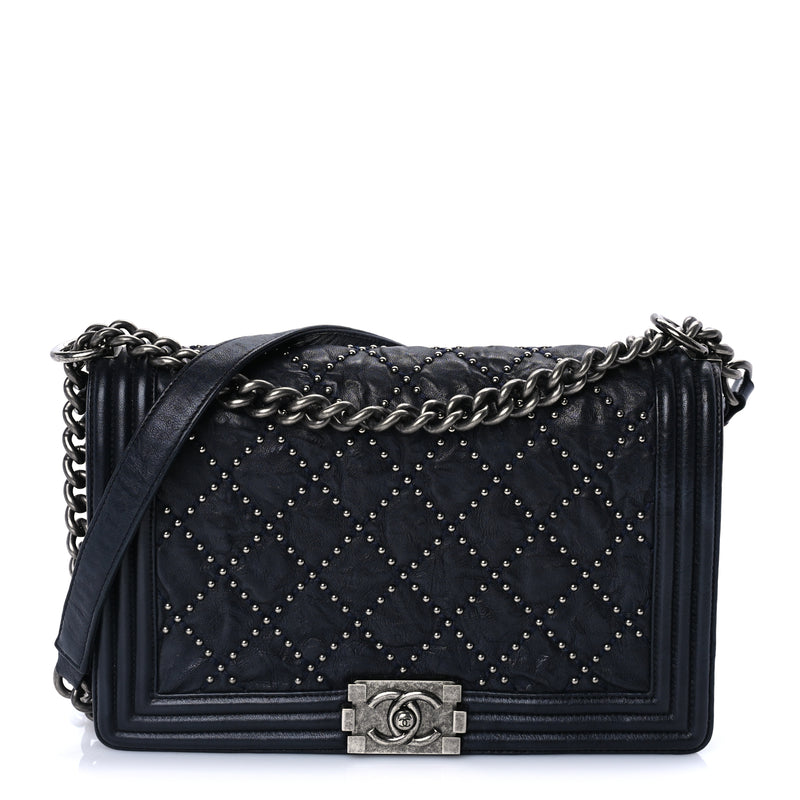  Chanel Crumpled Lambskin New Medium Studded Boy Flap Navy