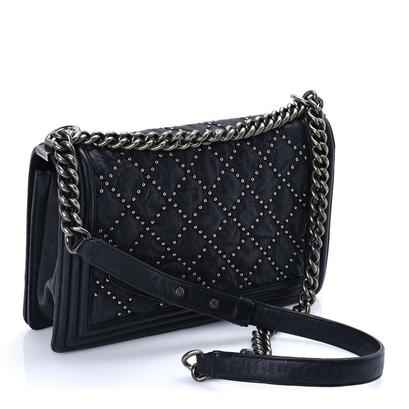  Chanel Crumpled Lambskin New Medium Studded Boy Flap Navy