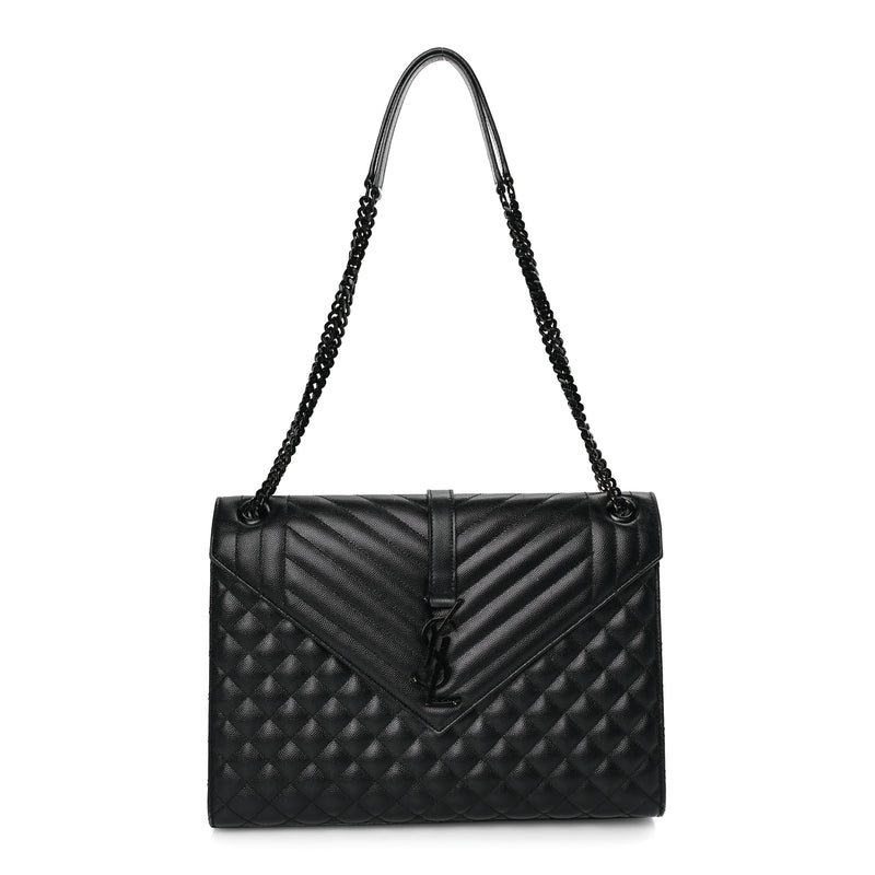  Saint Laurent Grain De Poudre Textured Mixed Matelasse Large Triquilt Monogram Monochrome Satchel Black