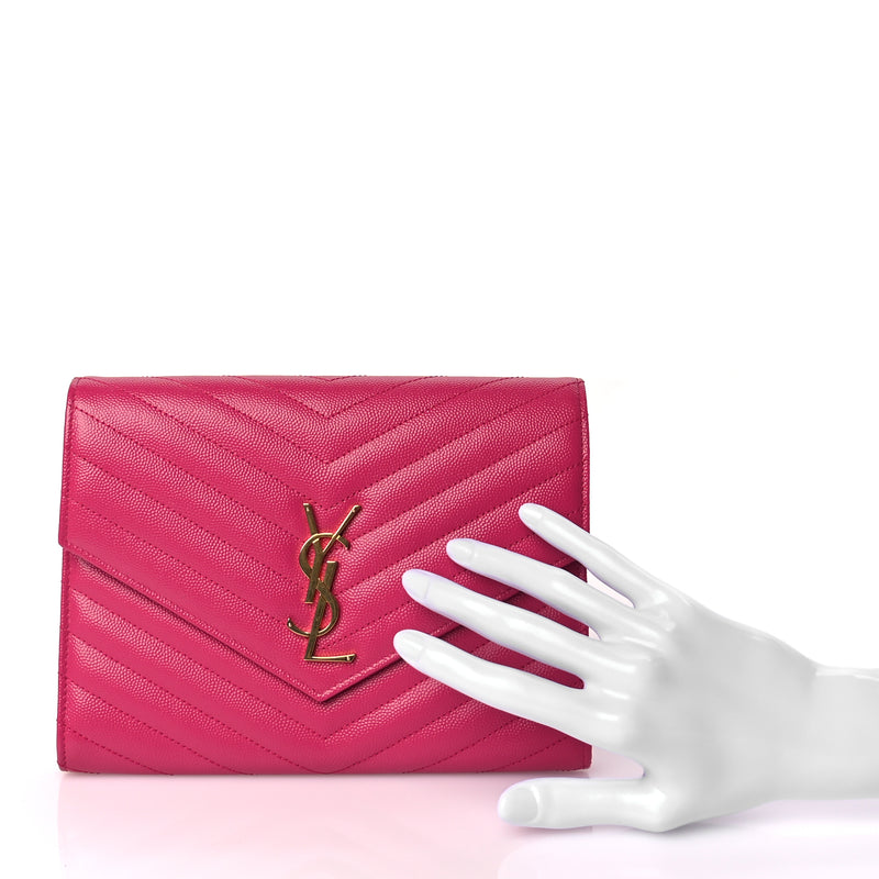  Saint Laurent Grain De Poudre Matelasse Chevron Monogram Envelope Clutch Fuchsia Fuchsia