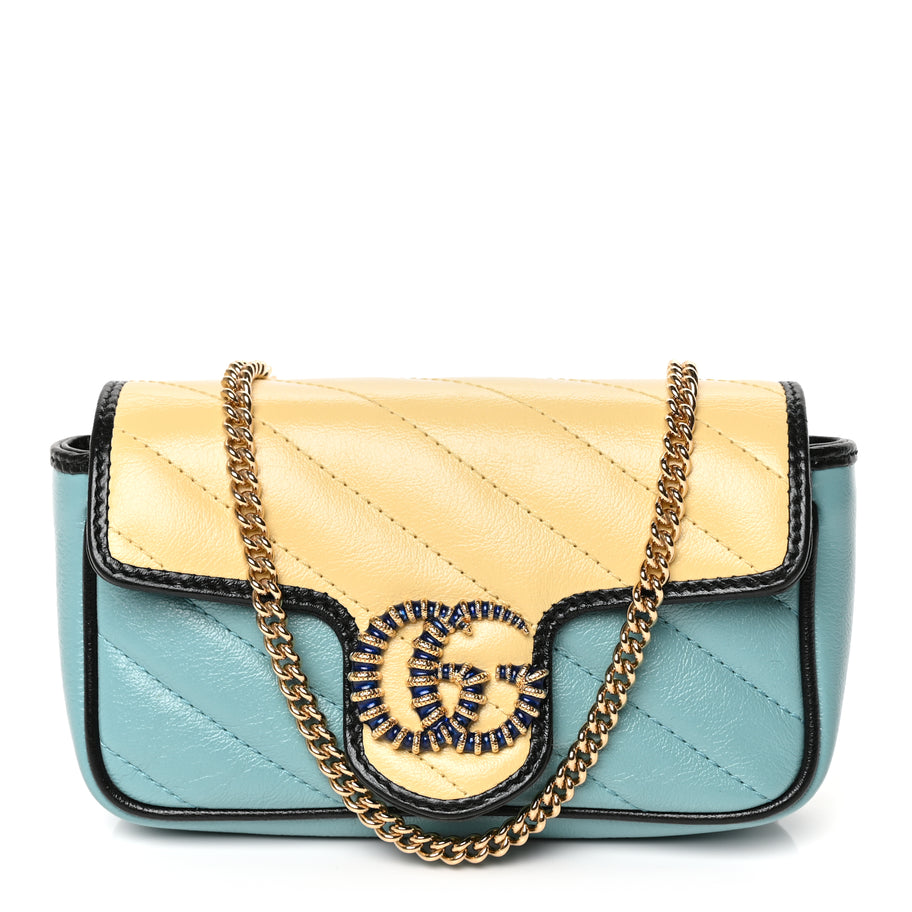Gucci Azalea Calfskin Enamel Matelasse Diagonal Super Mini Torchon GG Marmont Shoulder Bag Butter Dusty Azure Black Electric Blue Image 1