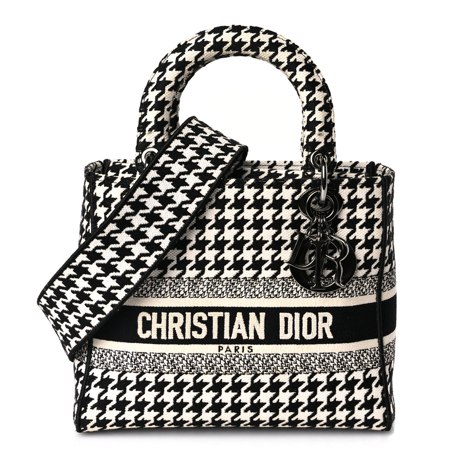 Christian Dior Canvas Houndstooth Embroidered Medium Lady D-Lite Black White Image 1